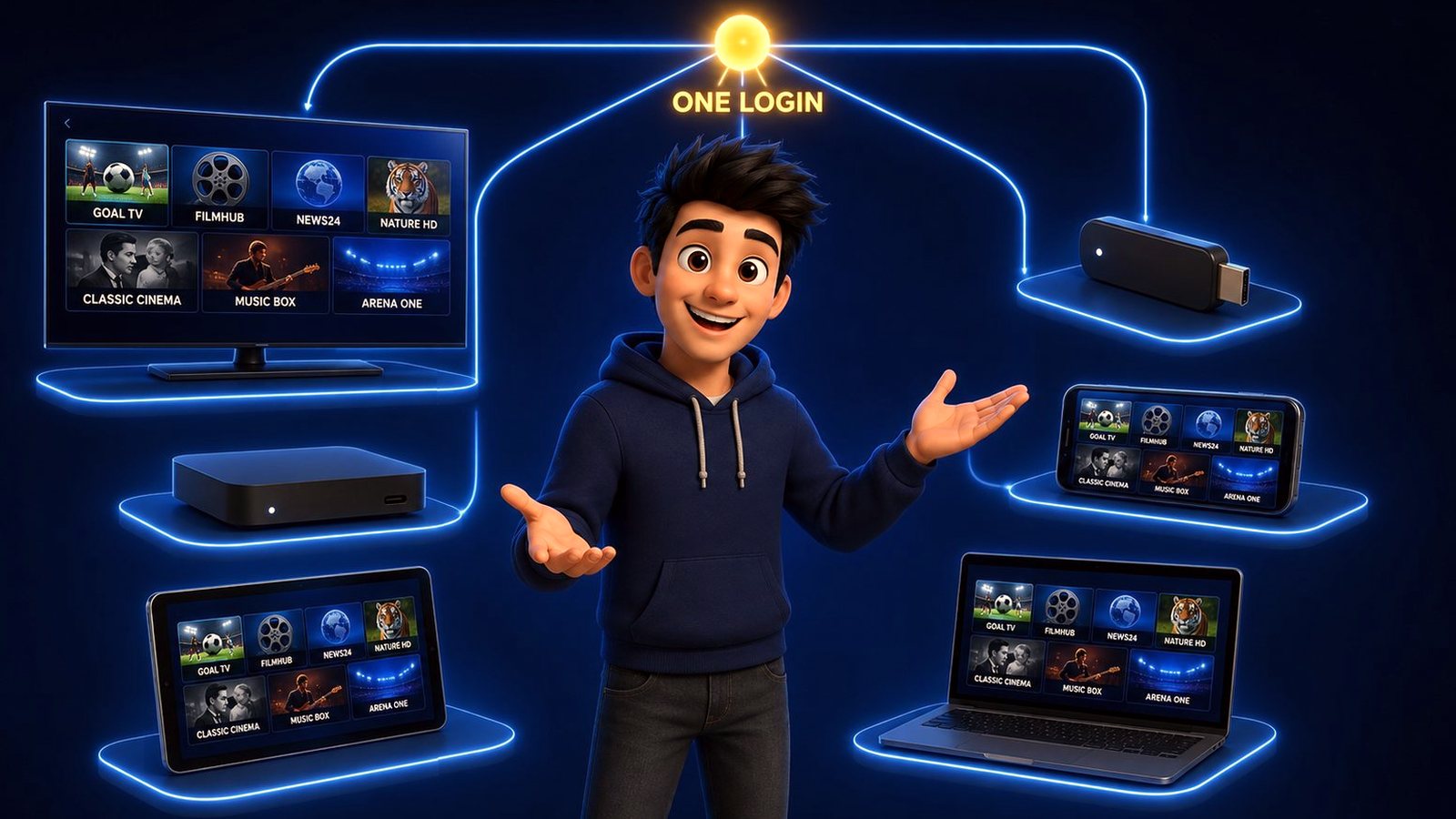 One IPTV login shown working across a TV, streaming stick, phone, tablet, laptop and Android box
