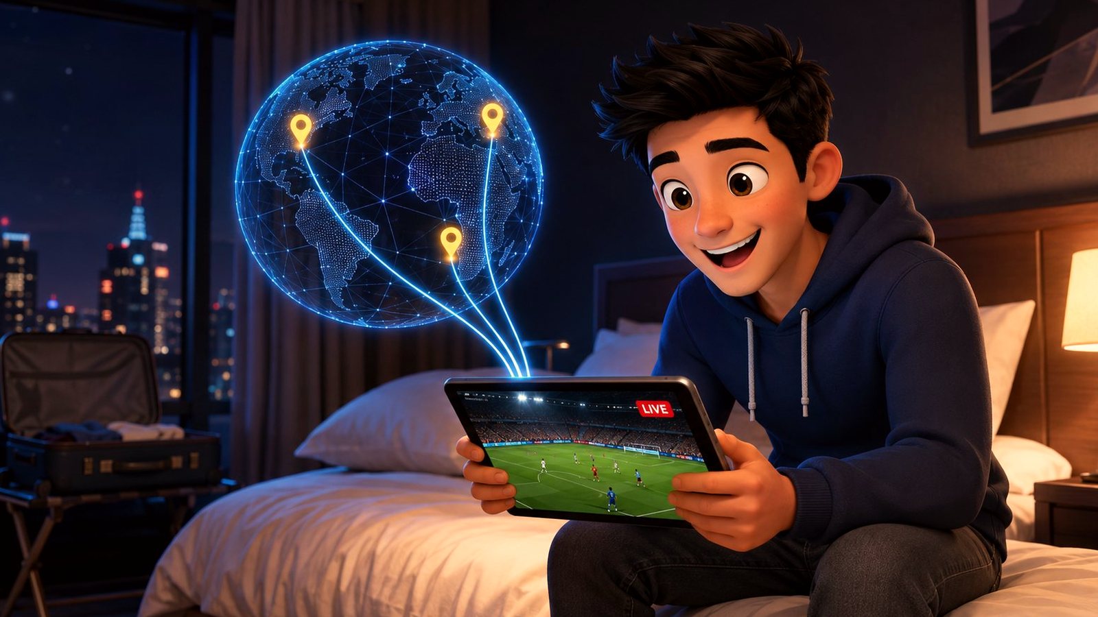 Watching a live football match on a tablet in a hotel room, with a glowing globe showing worldwide access